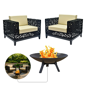 Kit 2 Poltronas Jardim Estrela Corda Náutica + Lareira de Ferro Externa