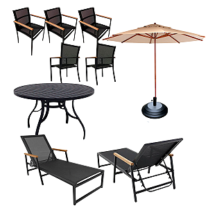 Kit Amélia Mesa Ripada 1,20m + 5 Poltronas + 2 Espreguiçadeiras Piscina e Guarda Sol