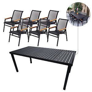 Jogo de Mesa Jantar Retangular 1,80x90cm Aluminio + 6 Cadeiras Área Externa