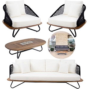 Conjunto Sofá Corda Náutica Armani 2 Poltronas Mesa de Centro Lareira Ecológica Externa Interna