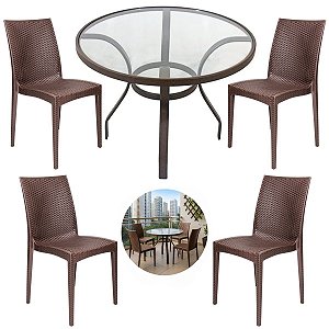 Mesa Alumínio 90cm Tampo de Vidro 4 Cadeiras Rattan Polipropileno