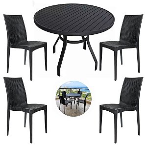 Mesa de Alumínio 90cm Tampo Ripado 4 Cadeiras Rattan Polipropileno Para Varanda