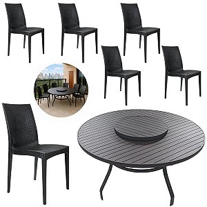 Mesa de Alumínio 1,40m Centro Giratório 6 Cadeiras Rattan Polipropileno