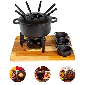 Kit Fondue 3 Molheiras Ferro Fundido Com Suporte Tabua Madeira