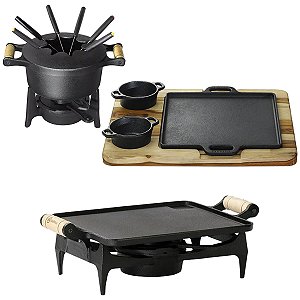 Kit Fondue Alcool Completo Com Rechaud 1 Chama + Chapa Bifeteira Ferro + Molheiras e Tabua Madeira