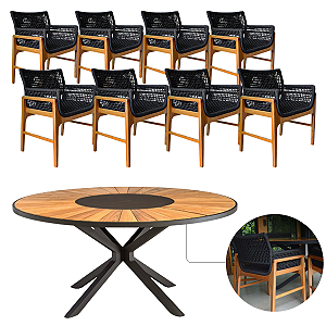 Conjunto Mesa Jantar Zurick 1,80m Madeira Giratória + 8 Poltronas Tokyo Corda Náutica