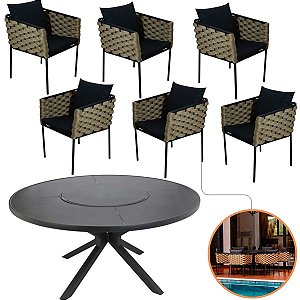 Mesa Zurick 1,50m com 6 Poltronas Ametista em Alumínio e Tricô Náutico