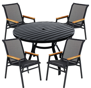 Conjunto de Mesa 1,20m Ripado Alumínio + 4 Cadeiras Tela Sling Braço Madeira