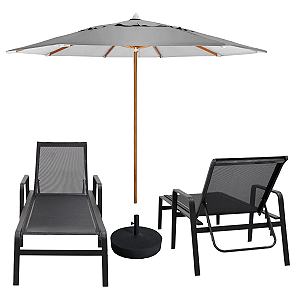 2 Espreguiçadeiras de Piscina Aluminio Tela Sling Reclinável + Guarda Sol