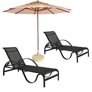 Kit 2 Espreguiçadeira Piscina Maré Ondulada Reforçada Alumínio + Ombrelone Praia