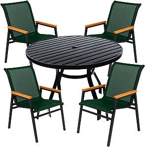 Jogo de Mesa 1,00m Ripado Alumínio + 4 Cadeiras Praia Tela Sling Área Externa Piscina Jardim