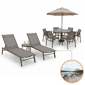 Kit Piscina Alumínio Premium Mesa Ripada, Poltronas Tela Sling E Lazer