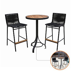 Conjunto Mesa Alta Bistrô Madeira e Banquetas Donna Corda Náutica