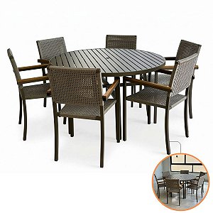 Jogo De Mesa Alumínio 6 Poltronas Fibra Sintética Braço Madeira Área Externa