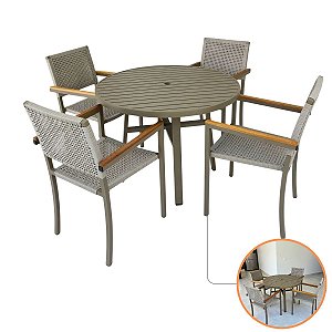 Jogo De Mesa Alumínio 4 Poltronas Fibra Sintética Braço Madeira Área Externa