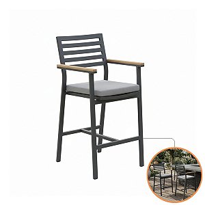 Banqueta Alta Linea Alumínio Ripado Braço Madeira E Almofada Impermeável Gourmet