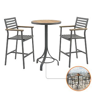 Jogo Mesa Alta Bar 2 Banquetas Alumínio Ripado Com Apoio Madeira Premium