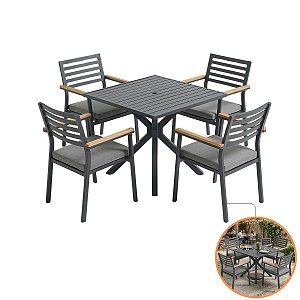 Conjunto Mesa Alumínio Quadrada Ripada + 4 Poltronas Estofadas Braço Madeira