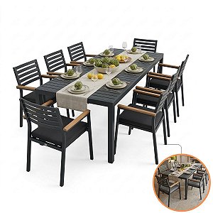 Kit Mesa Grande 8 Cadeiras Alumínio Antiferrugem Com Madeira Maciça Premium