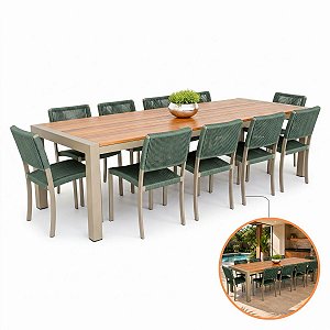 Conjunto Jantar Majestic 10 Cadeiras Corda Náutica E Mesa Alumínio Madeira Maciça