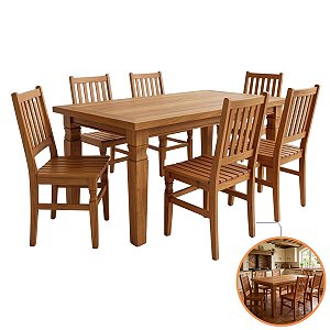 Jogo De Mesa Jantar 1,60m Madeira Maciça Peroba Rosa 6 Cadeiras Rústica