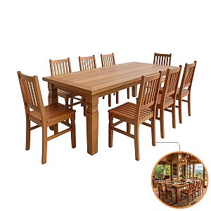 Jogo De Mesa Jantar 2,00m Madeira Maciça Peroba Rosa 8 Cadeiras Rústica