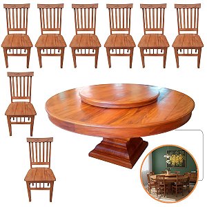 Jogo Jantar Redondo 1,80m Giratório Peroba Rosa + 8 Cadeiras Mineira