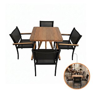 Jogo Mesa Madeira Maciça E 4 Cadeiras Empilháveis Alumínio Tela Sling