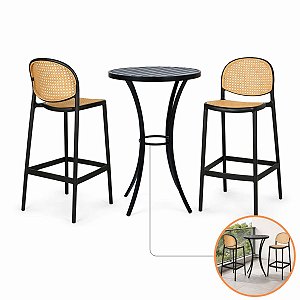 Conjunto Mesa Alta Alumínio Ripado E 2 Banquetas Polipropileno Palha