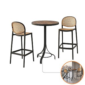 Conjunto Bistrô Luxo Sacada Alumínio Tampo Madeira E 2 Banquetas Palha