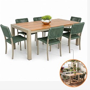 Conjunto Jantar Majestic 6 Cadeiras Corda Náutica E Mesa Alumínio Madeira Maciça