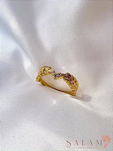 Anel folhas coração cravejado