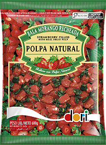 BALA RECHEADA POLPA DE MORANGO NATURAL 600G DORI