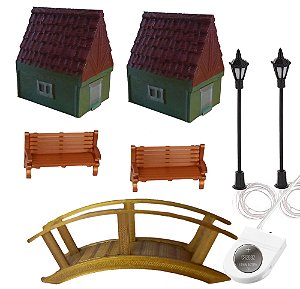 Kit Miniaturas Banco Poste Ponte Casa - Maquetes E Terrário