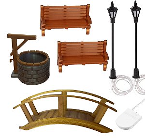 Kit Miniaturas Banco Poste Ponte Poço - Maquetes E Terrário