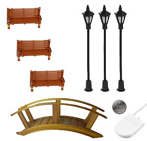 Kit Miniaturas 3xBanco 3xPoste 1xPonte - Maquetes E Terrário