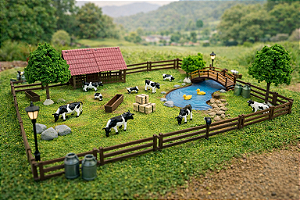 Fazenda Vale Verde – Kit Mini Fazenda com Vaquinhas, Lago, Poste, Arvores – Maquete,Terrário, Diorama Trabalho Escolar