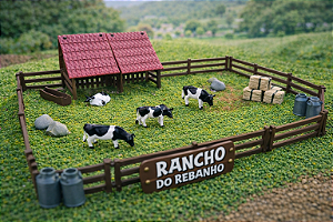 Rancho do Rebanho – Kit Mini Fazenda com Vaquinhas, Cercas, Cochos – Maquete e Terrário – Fazendinha/Diorama