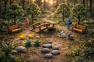 Miniaturas Trilha da Mata c/ Ponte, Árvores e Animais – Diorama Floresta/Terrário