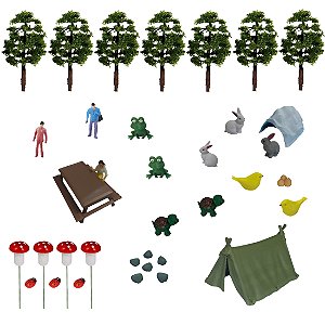 Miniaturas Pic-Nick no Bosque c/ Cogumelos, Mesa, coelho, arvores – Diorama