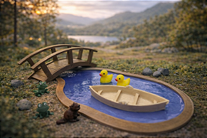 Miniaturas Lago dos Sonhos c/ Barco, Ponte, Patos – Terrário maqueta diorama
