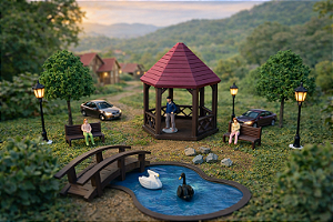 Miniaturas Horto c/ Coreto, Lago, Ponte, Cisnes – Maquete,Terrário, Diorama Trabalho Escolar