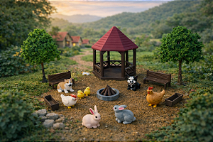 Miniaturas Pátio Colonial c/ Animais, Coreto Arvores e Fogueira – Maquete,Terrário, Diorama Trabalho Escolar