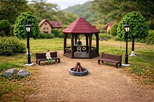 Miniaturas Coreto C/ Bancos, Postes Arvores Fogueira Pessoas – Maquete,Terrário, Diorama Trabalho Escolar