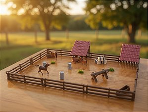 Piquete dos Cavaleiros – Kit Miniatura com Cavalos, Cercas, Barris, Cocho e Feno – Terrários, Maquetes e Dioramas