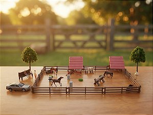 Haras Vale dos Cavalos – Kit Premium Miniatura com Cavalos, Estábulos, Árvores, Carro e Pessoas – Maquetes e Dioramas