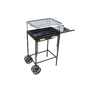 Churrasqueira Mineira Bojo Extra Grande com Carrinho, Grelha e Tabuleiro em Aço Inox