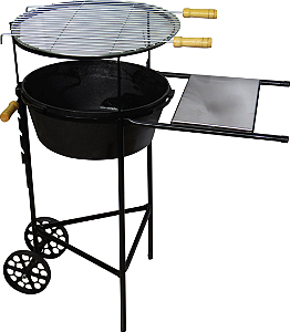 Churrasqueira Redonda Bojo Fundo com Carrinho, Grelha e Tabuleiro em Aço Inox