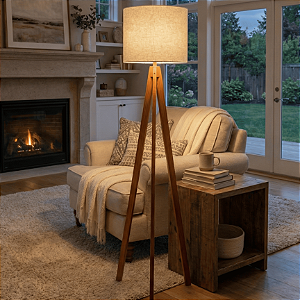 Abajur de Chão com Tripé Moderno e Cúpula de Linho Off-White - Licth haus