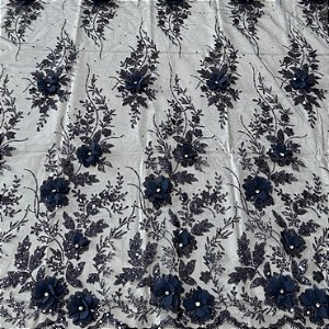 Tule Florata Azul Marinho